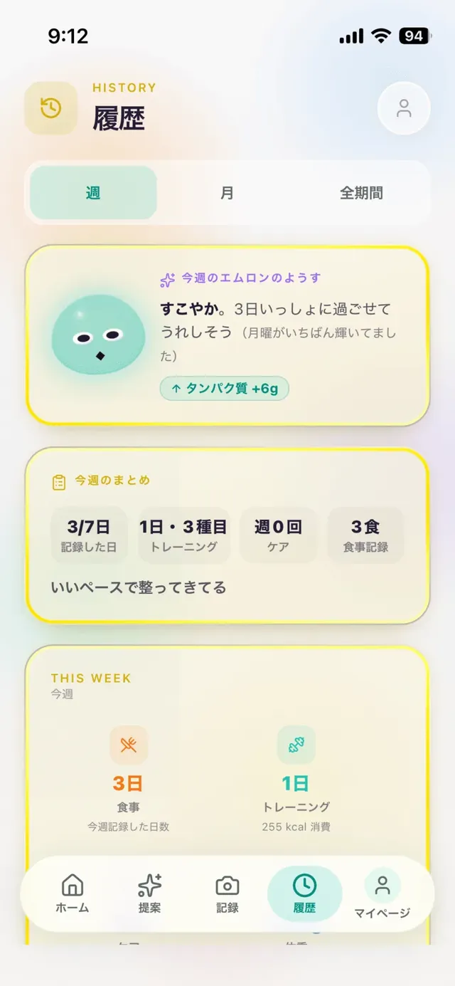 履歴タブ:週・月・全期間の切り替え、今週のまとめ、カレンダー