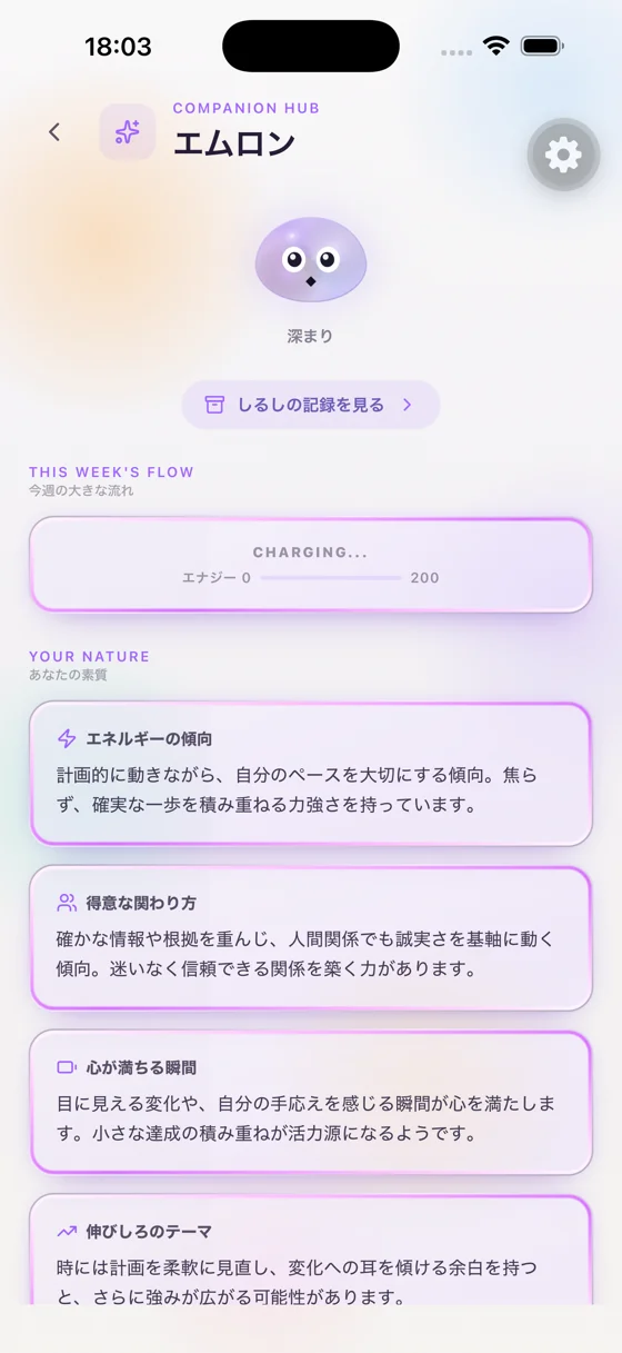エムロンのハブ画面。育ったエムロンと今日のメッセージが表示されている