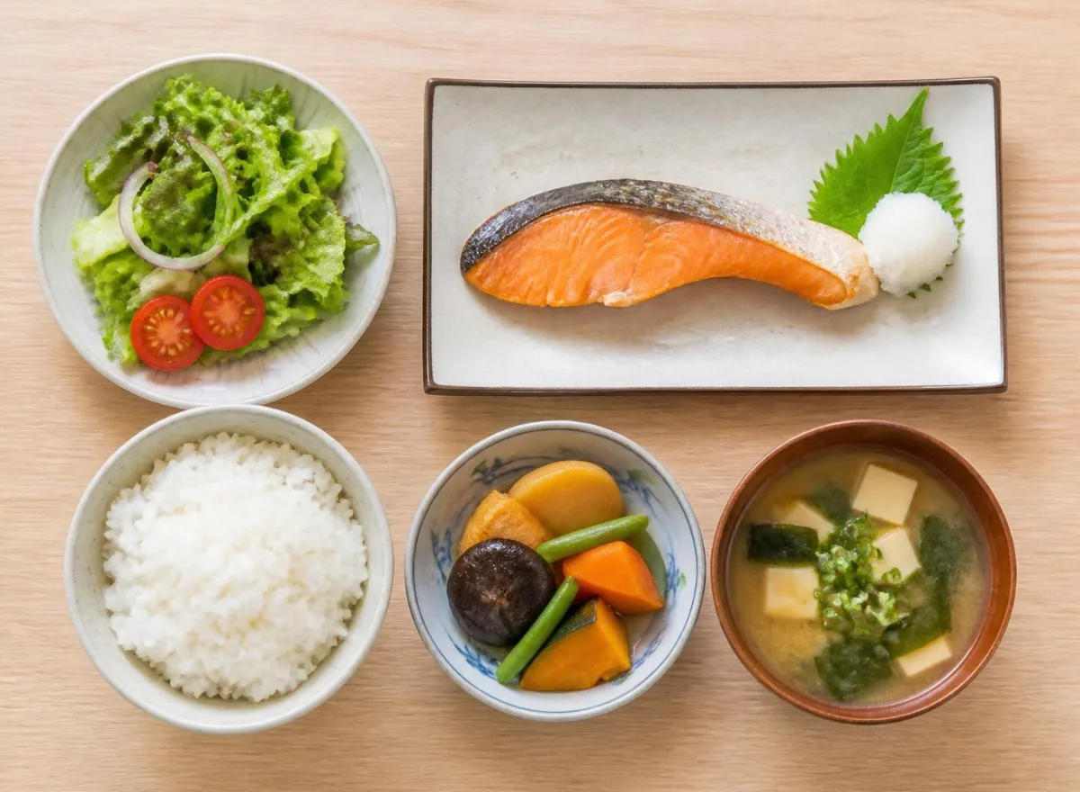 真上から明るく、器が全部入った食事写真